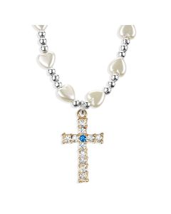 6mm Pearlescent White Heart-Shaped Bead Necklace with Silver Spacers and Jeweled Cross-P65