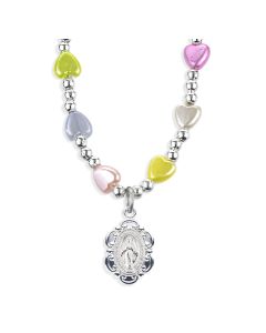 6mm Multicolor Heart Bead Necklace with Scalloped Miraculous Medal Pendant -P65