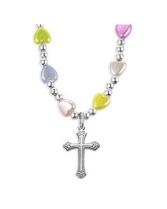 6mm Multicolor Heart Bead Necklace with Beveled Cross Pendant -P65