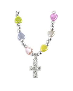 6mm Multicolor Heart Bead Necklace with Crystal Jeweled Cross & Guardian Angel Pendant -P65