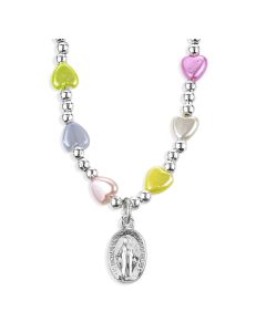 6mm Multicolor Heart Bead Necklace with Miraculous Medal Pendant -P65