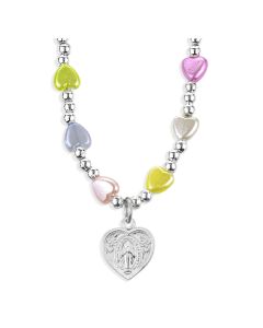 6mm Multicolor Heart Bead Necklace with Heart Shaped Miraculous Medal Pendant -P65