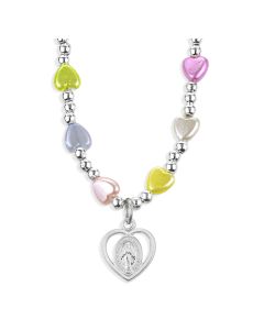 6mm Multicolor Heart Bead Necklace with Heart Shaped Outlined Miraculous Medal Pendant -P65