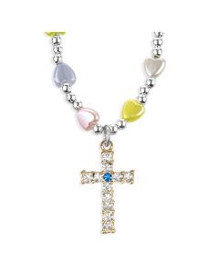 6mm Multicolor Heart Bead Necklace with Gold Tone Crystal Jeweled Cross Pendant-P65