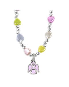 6mm Multicolor Heart Bead Necklace with Pink Epoxied Guardian Angel Pendant -P65
