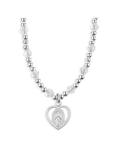 4mm Crystal Bead Necklace with Heart Shaped Outlined Miraculous Medal Pendant -P65