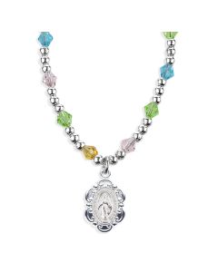 4mm Multi Color Crystal Bead Necklace with Scalloped Miraculous Medal -P65