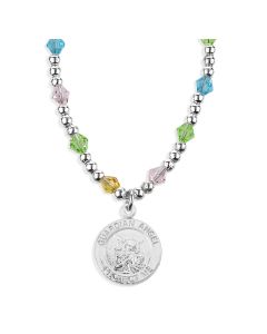 4mm Multi Color Crystal Bead Necklace with Round Guardian Angel Pendant -P65