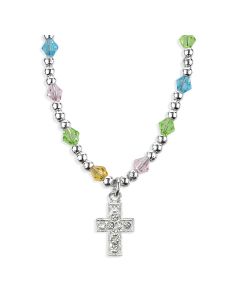 4mm Multi Color Crystal Bead Necklace with Crystal Jeweled Cross Pendant -P65