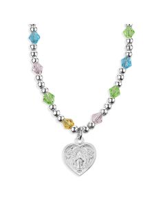 4mm Multi Color Crystal Bead Necklace with Heart Shaped Miraculous Medal Pendant -P65