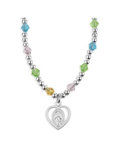4mm Multi Color Crystal Bead Necklace with Heart Shaped Outlined Miraculous Medal Pendant -P65