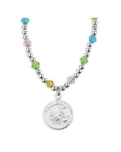 4mm Multi Color Crystal Bead Necklace with Round Holy Baptism Pendant -P65