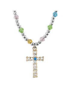 4mm Multi Color Crystal Bead Necklace with Gold Tone Crystal Jeweled Cross Pendant -P65