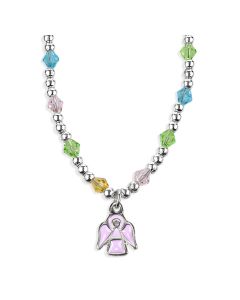 4mm Multi Color Crystal Bead Necklace with Pink Epoxied Guardian Angel Pendant -P65