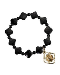 10mm Black Obsidian Gemstone Cross Beads Bracelet 7" with Our Lady of Perpetual Help Gold Plated Epoxied Medal 