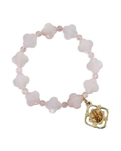 10mm Rose Quartz Gemstone Cross Beads Bracelet 7" with Our Lady of Perpetual Help Gold Plated Epoxied Medal 
