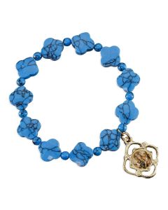 10mm Turquoise Howlite Gemstone Cross Beads Bracelet 7" with Our Lady of Perpetual Help Gold Plated Epoxied Medal 