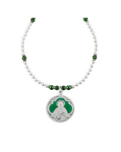 SHJ Pewter Medal with Holy Family Reverse on Imitation Pearl and Emerald Crystal Necklace-P65