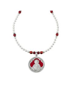 SHJ Pewter Medal with Holy Family Reverse on Imitation Pearl and Ruby Crystal Necklace-P65