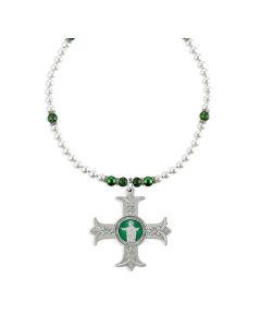 SHJ Pewter Cross Medal with Leaf Core Deco on Imitation Pearl and Emerald Crystal Necklace-P65