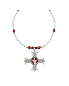 SHJ Pewter Cross Medal with Leaf Core Deco on Imitation Pearl and Ruby Crystal Necklace-P65