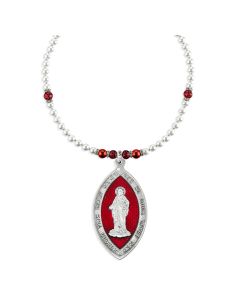 SHJ Pewter Medal with Heart Reverse on Imitation Pearl and Ruby Crystal Necklace-P65