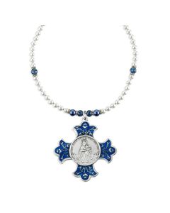 Our Lady of Mt. Carmel Pewter Cross with Flower on Imitation Pearl and Ruby Crystal Necklace-P65