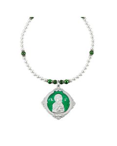 Our Lady of Perpetual Help Pewter Medal on Imitation Pearl and Emerald Crystal Necklace-P65