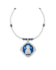 Our Lady of Perpetual Help Pewter Medal on Imitation Pearl and Sapphire Crystal Necklace-P65