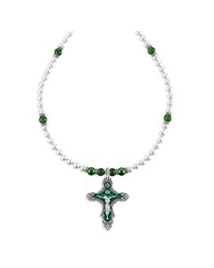 Flowered Emerald Crucifix on Imitation Pearl and Emerald Crystal Necklace-P65