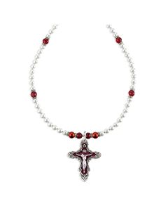 Flowered Ruby Crucifix on Imitation Pearl and Ruby Crystal Necklace-P65