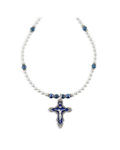 Flowered Sapphire Crucifix on Imitation Pearl and Sapphire Crystal Necklace-P65