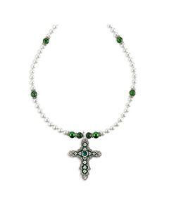 Flowered Emerald Crucifix on Imitation Pearl and Emerald Crystal Necklace-P65