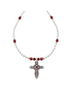 Flowered Ruby Crucifix on Imitation Pearl and Ruby Crystal Necklace-P65