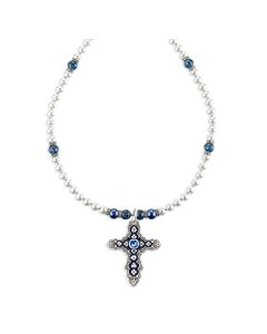 Flowered Sapphire Crucifix on Imitation Pearl and Sapphire Crystal Necklace-P65