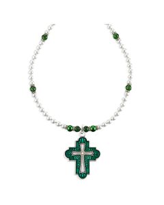Cruciform Emerald Cross on Imitation Pearl and Emerald Crystal Necklace-P65