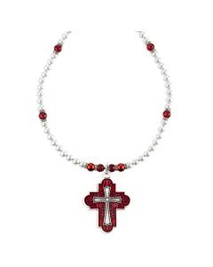 Cruciform Ruby Cross on Imitation Pearl and Ruby Crystal Necklace-P65