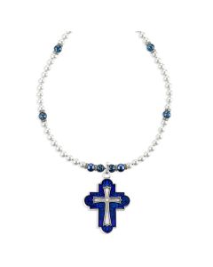 Cruciform Sapphire Cross on Imitation Pearl and Sapphire Crystal Necklace-P65