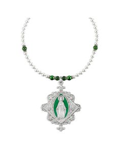 Miraculous Pewter Boroque Flowered Medal on Imitation Pearl and Emerald Crystal Necklace-P65