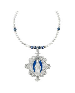 Miraculous Pewter Boroque Flowered Medal on Imitation Pearl and Sapphire Crystal Necklace