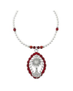 Blessed Sacrament Monstrance Pewter Pendant on Imitation Pearl and Ruby Crystal Necklace-P65