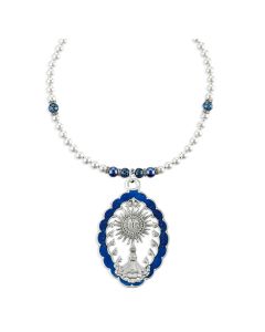 Blessed Sacrament Monstrance Pewter Pendant on Imitation Pearl and Sapphire Crystal Necklace-P65