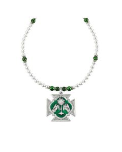 Benediction Monstrance with Angels Pewter Pendant on Imitation Pearl and Emerald Crystal Necklace-P65