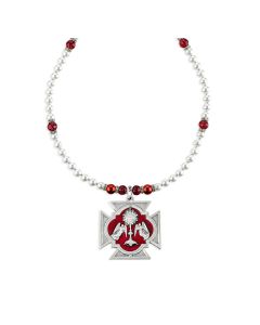 Benediction Monstrance with Angels Pewter Pendant on Imitation Pearl and Ruby Crystal Necklace-P65