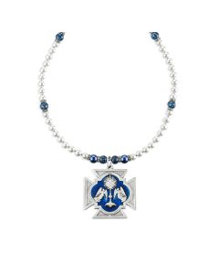 Benediction Monstrance with Angels Pewter Pendant on Imitation Pearl and Sapphire Crystal Necklace-P65