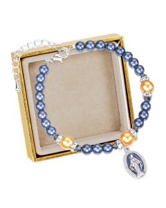 6mm Dark Blue Beads Bracelet with 8mm Gold Glass Accent Beads and Epoxied Blue Miraculous Medal. 