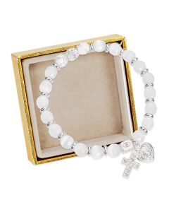 White Cat's Eye and Howlite Bead Stretch Bracelet with Jeweled Cross and Heart Shaped Miraculous Medal