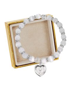 White Cat's Eye and Howlite Bead Stretch Bracelet with Epoxied Heart Shaped Chalice Medal