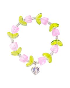 Bracelet with Pink Glass Tulips and Guardian Angel Heart Charm
