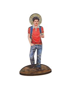 6" Saint Carlo Acutis Gold Foil Laser Cut Wood Staue with Biography